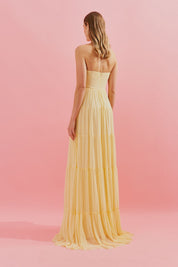 Vestido Longo com Busto Coração, Saia Ampla e Franzida - Quênia Amarelo