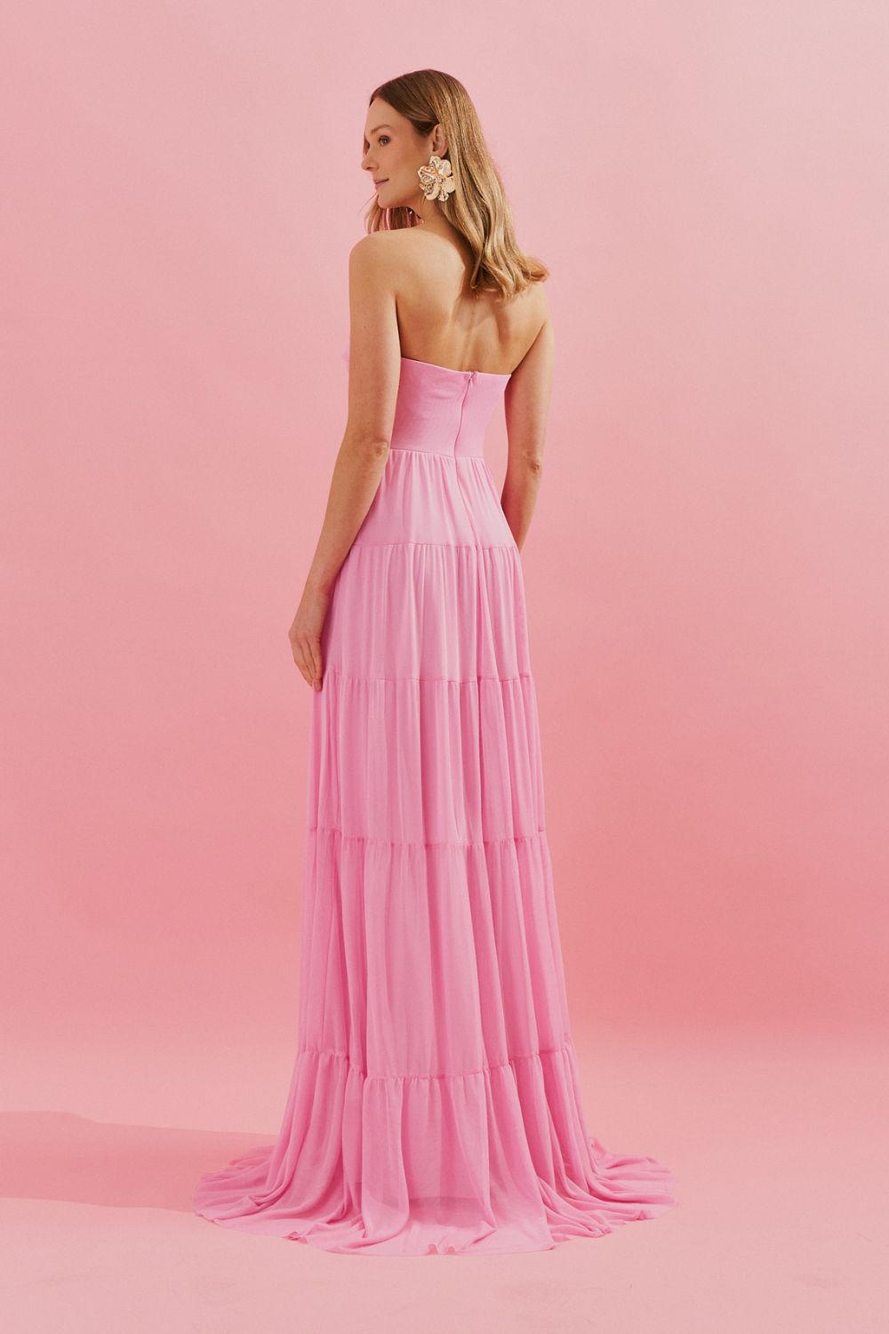 Vestido Longo com Busto Coração, Saia Ampla e Franzida - Quênia Rosa