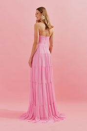 Vestido Longo com Busto Coração, Saia Ampla e Franzida - Quênia Rosa