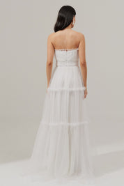 Vestido Longo com Busto Demarcado, Detalhes em Viés e Saia de Marias com Babados - Romênia Off White