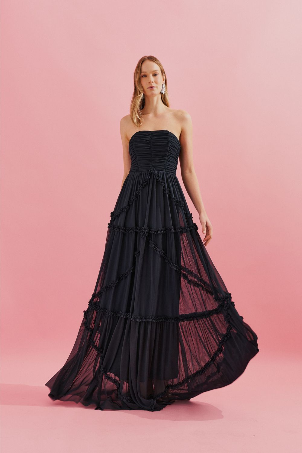 Vestido Longo com Busto Franzido e Saia com Detalhes em Babados - Suiça Azul Marinho