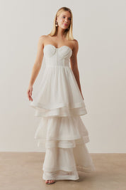 Vestido Longo com Busto Franzido e Saia em Camadas - Catar Off White