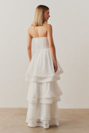 Vestido Longo com Busto Franzido e Saia em Camadas - Catar Off White