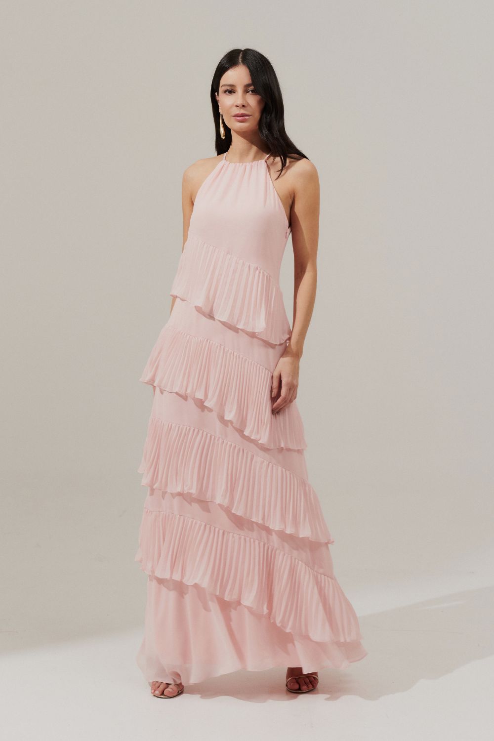Vestido Longo Americano com Recortes e Babados Plissados na Diagonal - Sacramento Rosa