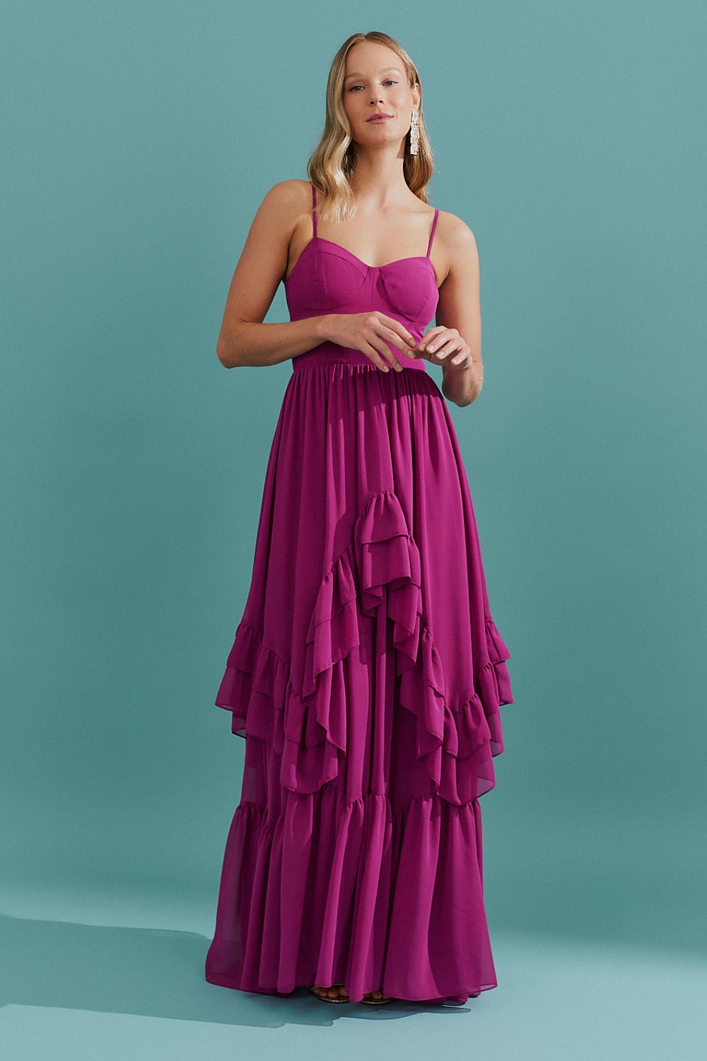 Vestido Longo com Decote Coração e Babados Assimétricos - Bélgica Fúcsia