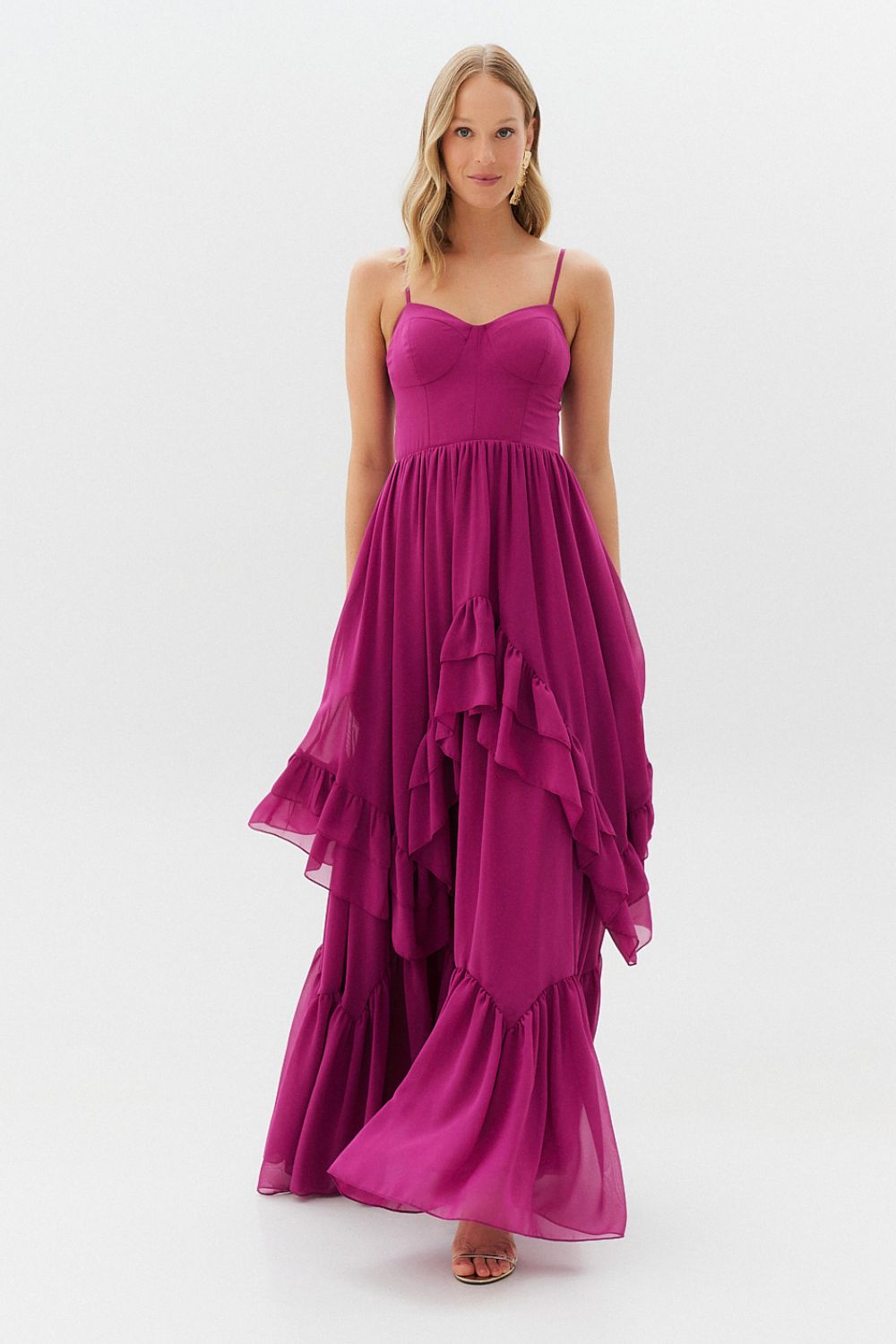 Vestido Longo com Decote Coração e Babados Assimétricos - Bélgica Fúcsia