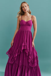 Vestido Longo com Decote Coração e Babados Assimétricos - Bélgica Fúcsia
