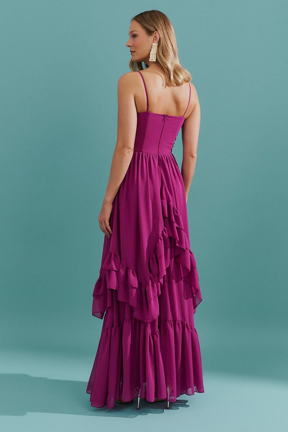 Vestido Longo com Decote Coração e Babados Assimétricos - Bélgica Fúcsia