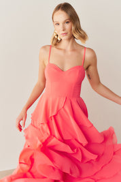 Vestido Longo com Decote coração, Alças Finas e Saia em Babados - Indonésia Coral