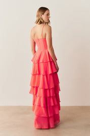 Vestido Longo com Decote coração, Alças Finas e Saia em Babados - Indonésia Coral