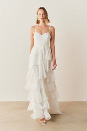 Vestido Longo com Decote coração, Alças Finas e Saia em Babados - Indonésia Off White
