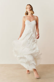 Vestido Longo com Decote coração, Alças Finas e Saia em Babados - Indonésia Off White