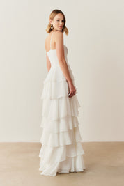 Vestido Longo com Decote coração, Alças Finas e Saia em Babados - Indonésia Off White