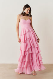 Vestido Longo com Decote coração, Alças Finas e Saia em Babados - Indonésia Rosa