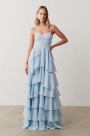 Vestido Longo com Decote coração, Alças Finas e Saia em Babados - Indonésia Serenity