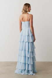 Vestido Longo com Decote coração, Alças Finas e Saia em Babados - Indonésia Serenity