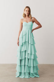 Vestido Longo com Decote coração, Alças Finas e Saia em Babados - Indonésia Tiffany