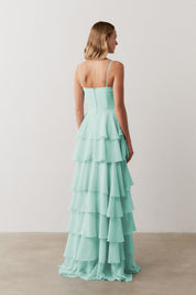 Vestido Longo com Decote coração, Alças Finas e Saia em Babados - Indonésia Tiffany