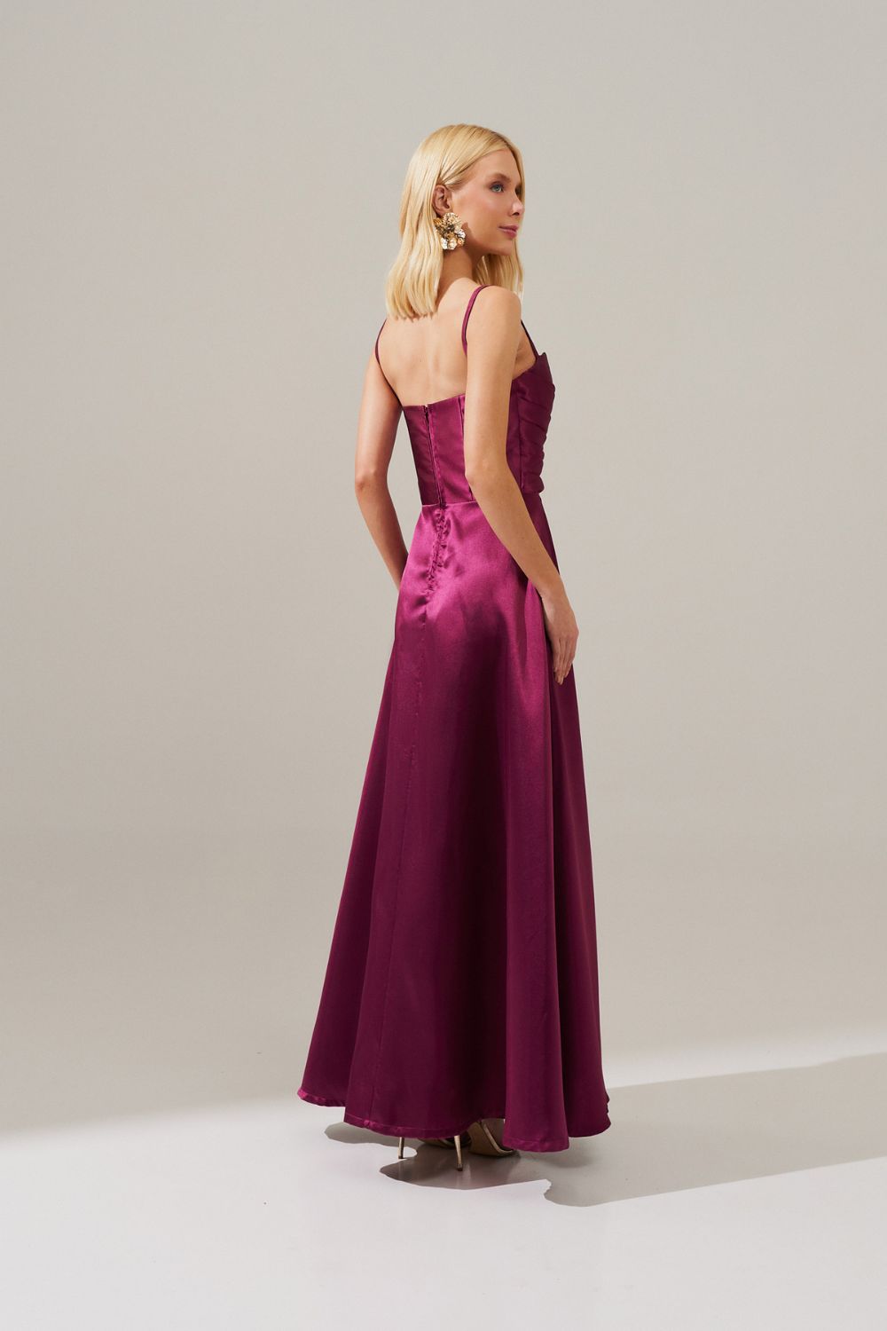 Vestido Longo com Decote Coração e Detalhes em Prega no Busto - Escócia Fúcsia