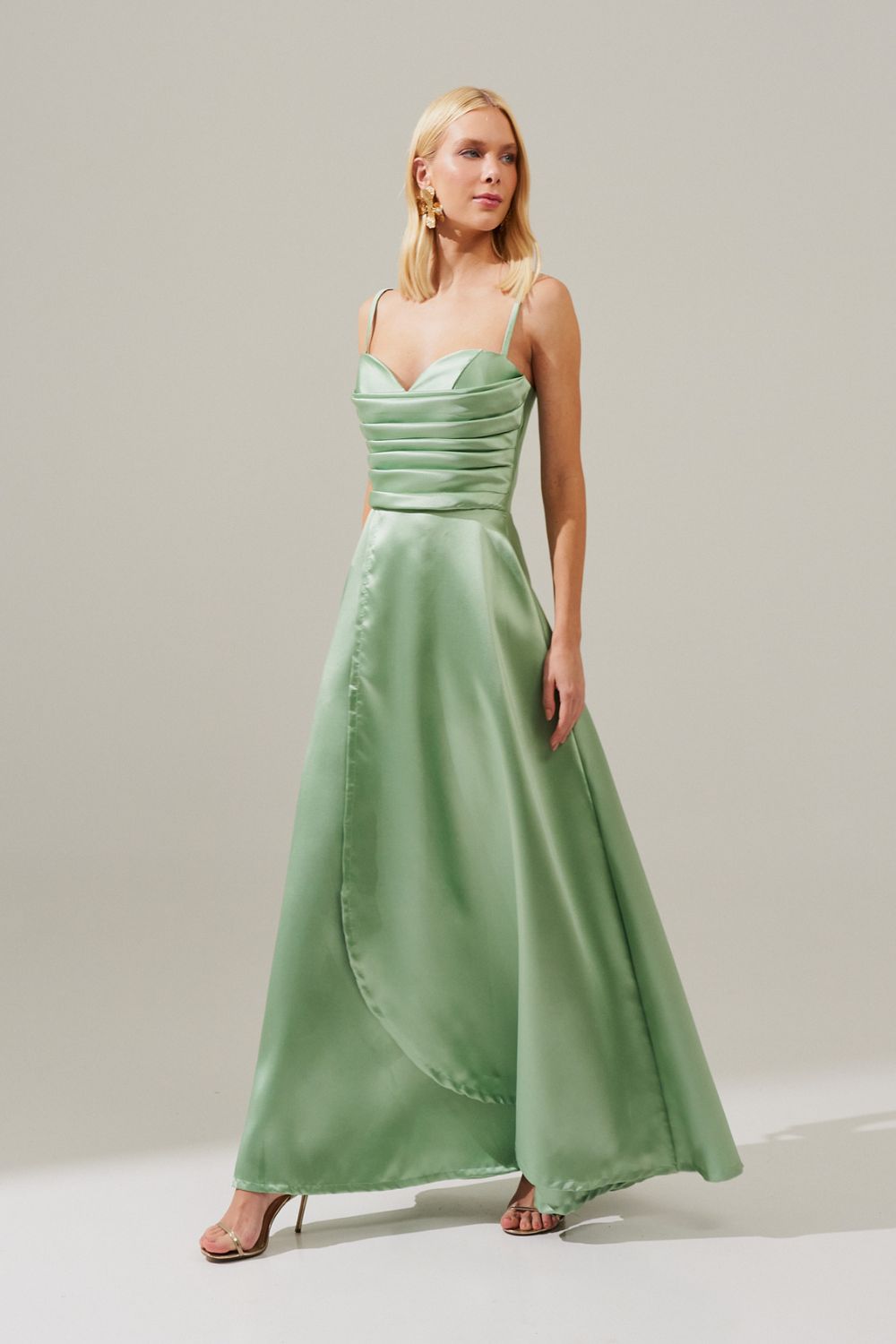 Vestido Longo com Decote Coração e Detalhes em Prega no Busto - Escócia Menta