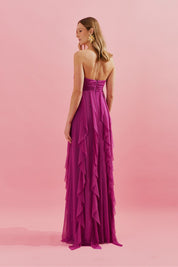 Vestido Longo. com Decote Coração Franzido e Babados em Vertical na Saia - Ava Fúcsia