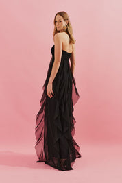 Vestido Longo. com Decote Coração Franzido e Babados em Vertical na Saia - Ava Preto