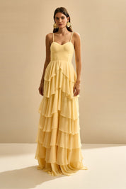 Vestido Longo com Decote coração, Alças Finas e Saia em Babados - Indonésia Amarelo