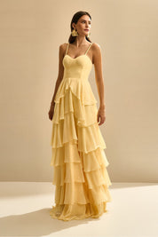 Vestido Longo com Decote coração, Alças Finas e Saia em Babados - Indonésia Amarelo