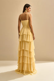 Vestido Longo com Decote coração, Alças Finas e Saia em Babados - Indonésia Amarelo