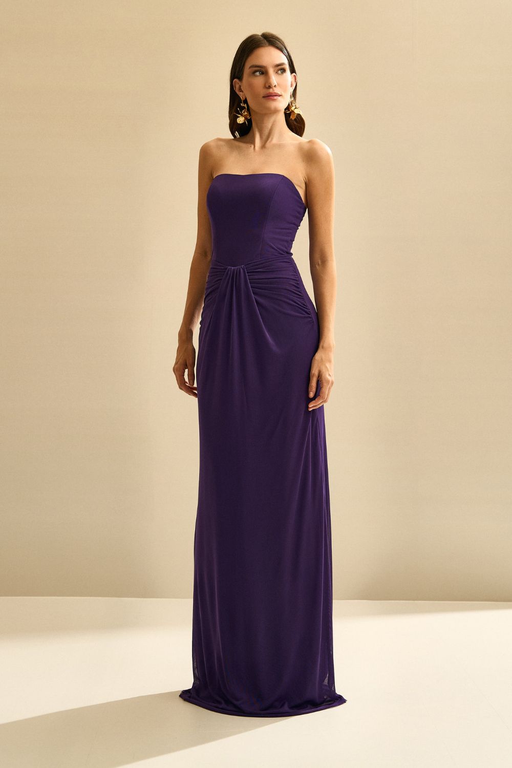 Vestido Longo com Decote Coração e Franzido na Cintura - Luar Roxo