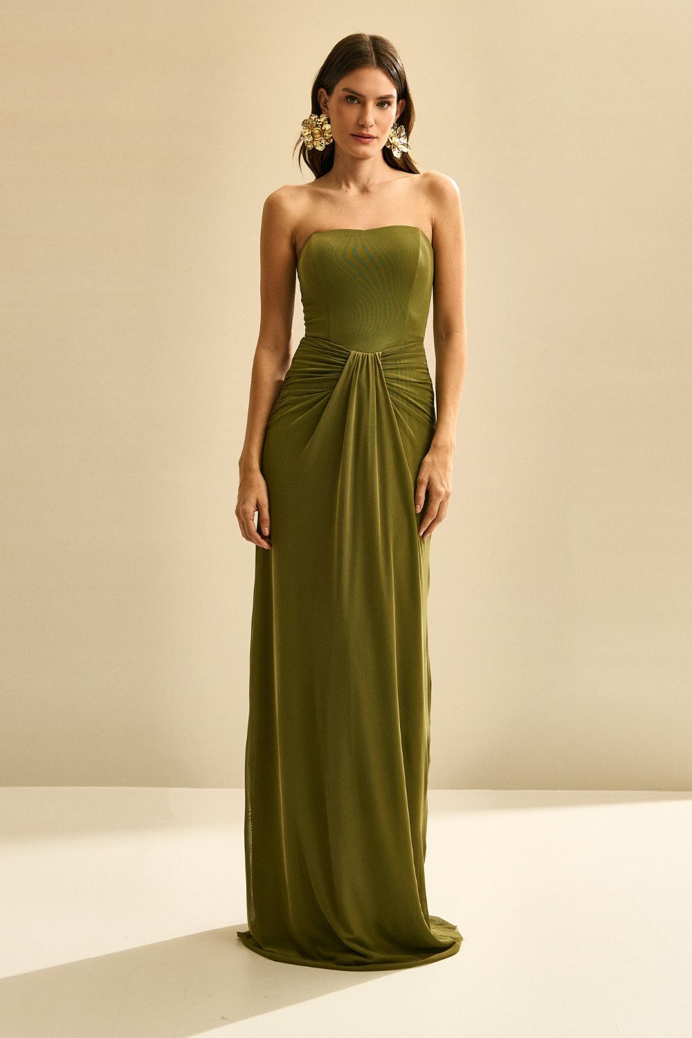 Vestido Longo com Decote Coração e Franzido na Cintura - Luar Verde Oliva