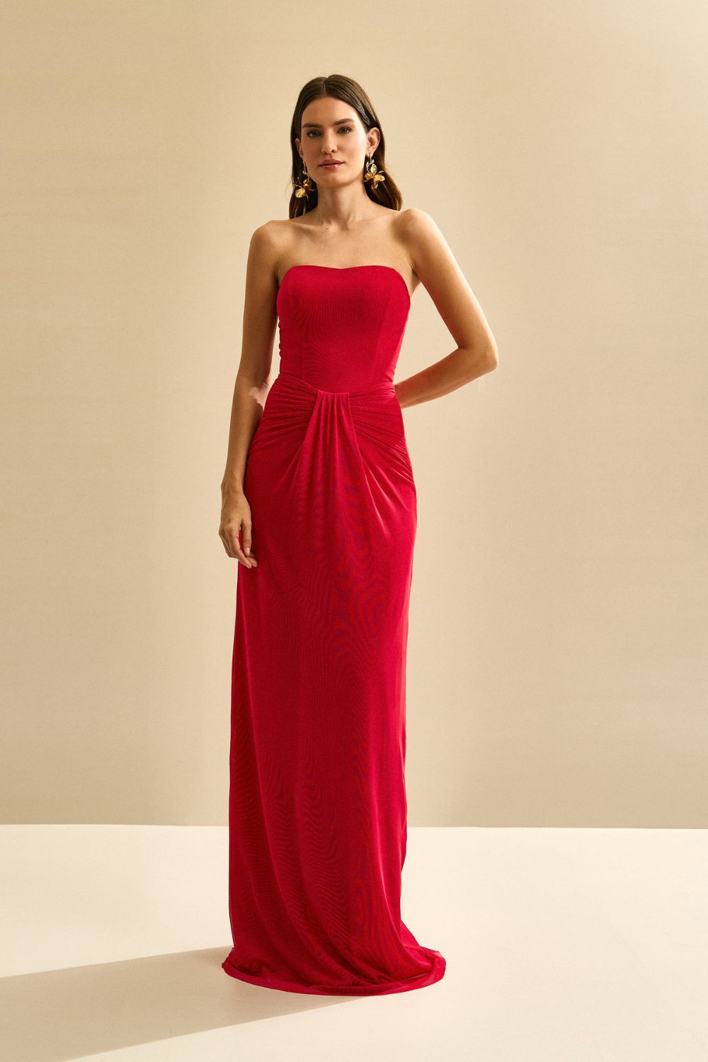 Vestido Longo com Decote Coração e Franzido na Cintura - Luar Vermelho