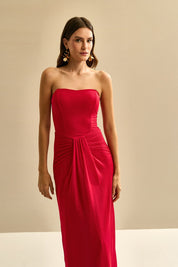 Vestido Longo com Decote Coração e Franzido na Cintura - Luar Vermelho