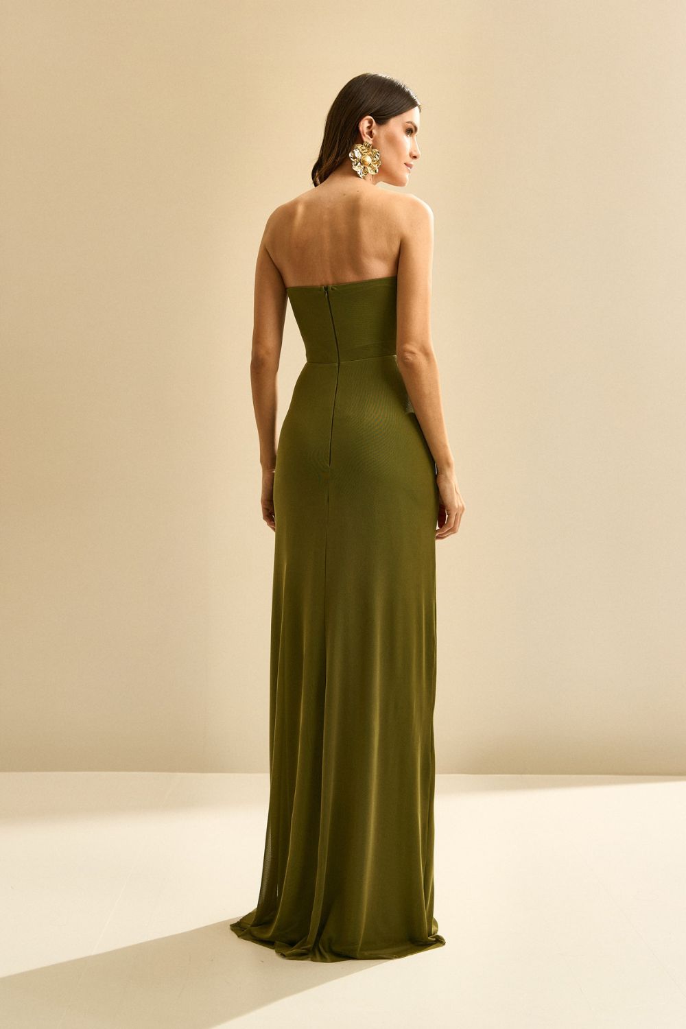 Vestido Longo com Decote Coração e Franzido na Cintura - Luar Verde Oliva