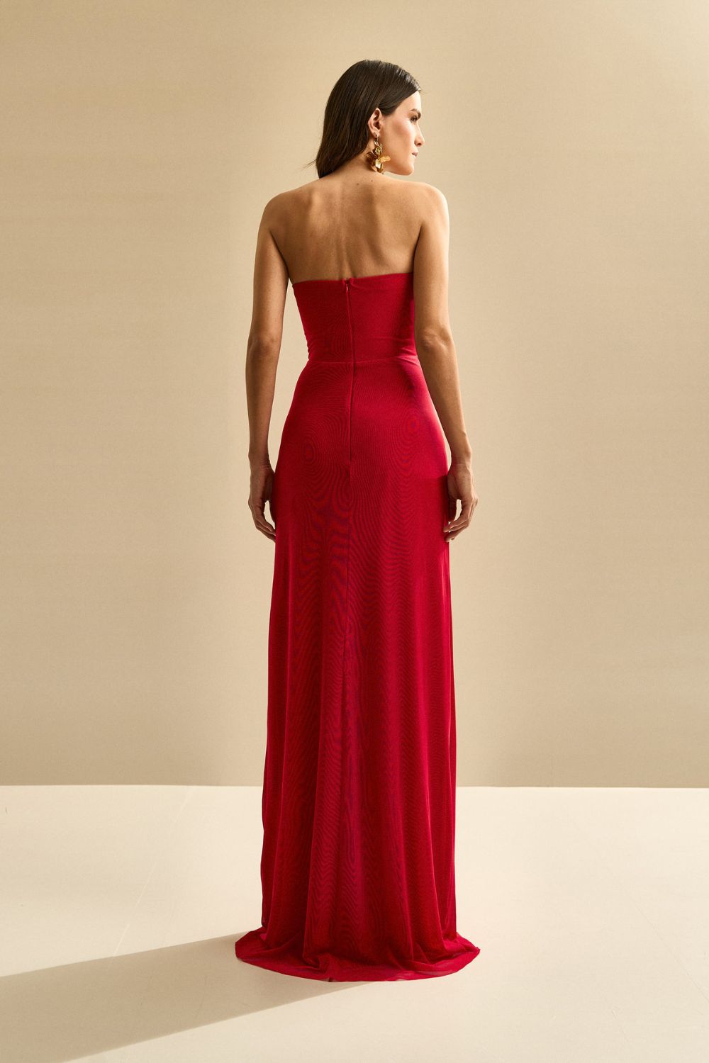 Vestido Longo com Decote Coração e Franzido na Cintura - Luar Vermelho