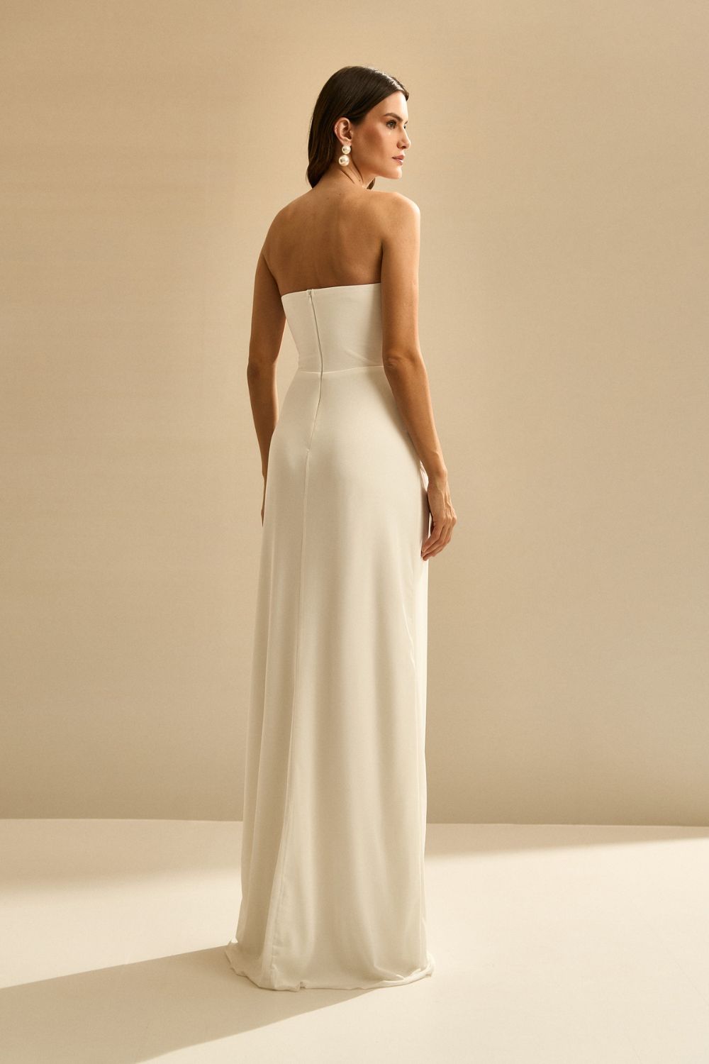 Vestido Longo com Decote Coração e Franzido na Cintura - Luar Off White