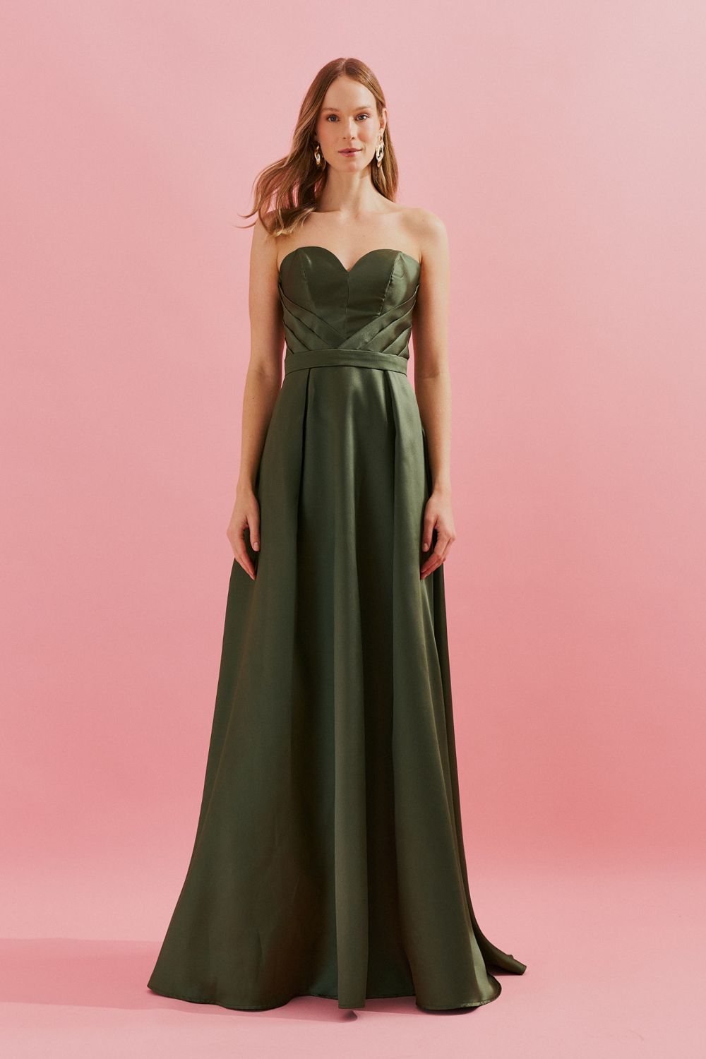Vestido Longo com Decote Coração e Pregas na Cintura - Safira Oliva