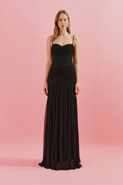 Vestido Longo com Decote Coração e Quadril Franzido - Nicarágua Preto