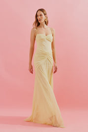 Vestido Longo com Decote Coração e Quadril Franzido - Nicarágua Amarelo