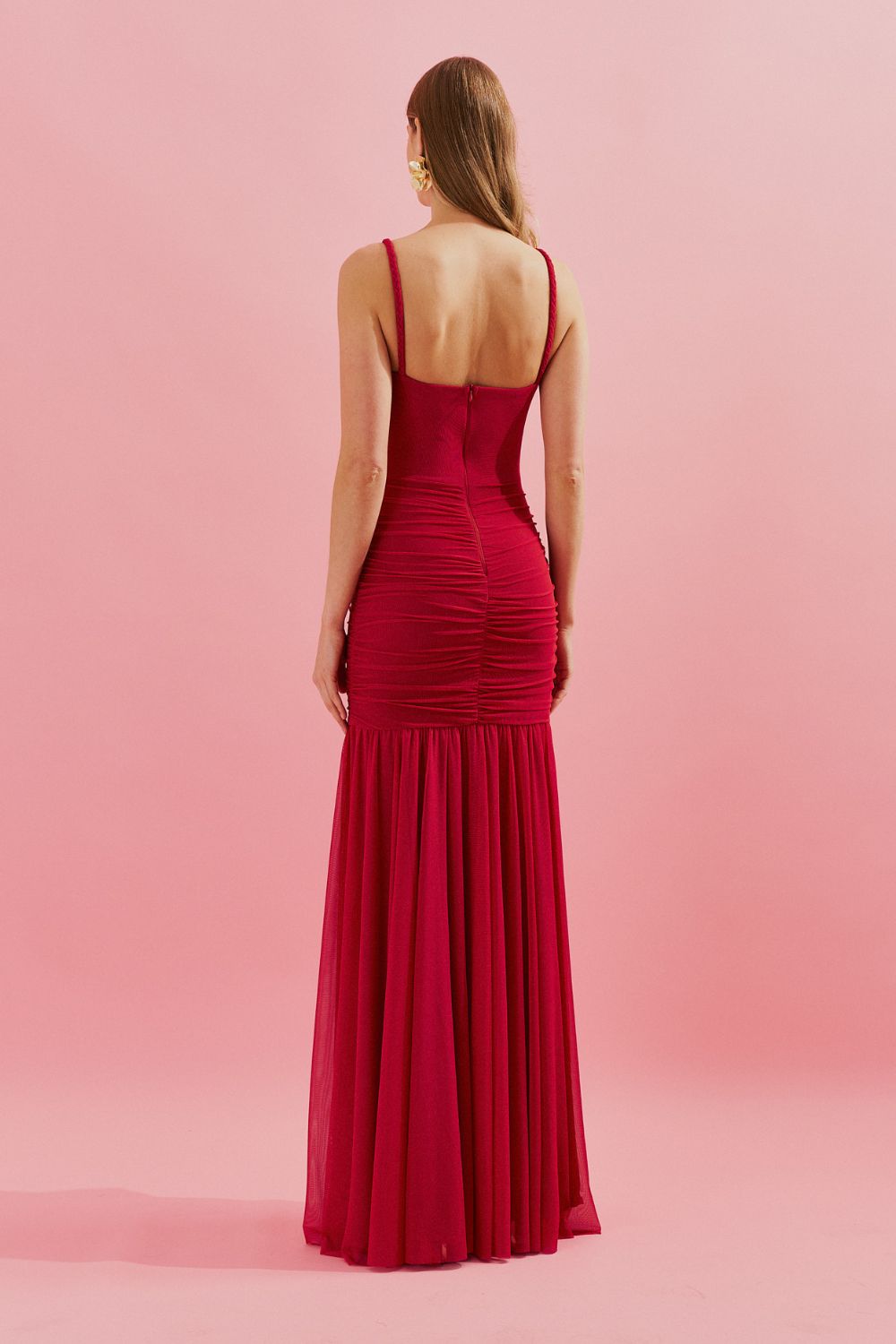 Vestido Longo com Decote Coração e Quadril Franzido - Nicarágua Vermelho