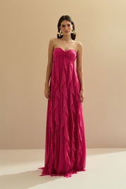 Vestido Longo. com Decote Coração Franzido e Babados em Vertical na Saia - Ava Pink