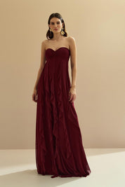 Vestido Longo. com Decote Coração Franzido e Babados em Vertical na Saia - Ava Marsala