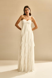 Vestido Longo com Decote Coração Franzido e Babados em Vertical na Saia - Ava Off White