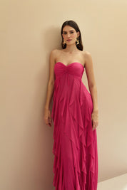 Vestido Longo. com Decote Coração Franzido e Babados em Vertical na Saia - Ava Pink