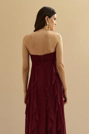 Vestido Longo. com Decote Coração Franzido e Babados em Vertical na Saia - Ava Marsala