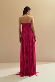 Vestido Longo. com Decote Coração Franzido e Babados em Vertical na Saia - Ava Pink