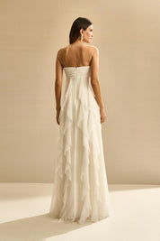 Vestido Longo com Decote Coração Franzido e Babados em Vertical na Saia - Ava Off White