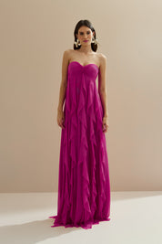 Vestido Longo com Decote Coração Franzido e Babados em Vertical na Saia - Ava Rosa Pink Escuro