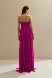 Vestido Longo com Decote Coração Franzido e Babados em Vertical na Saia - Ava Rosa Pink Escuro