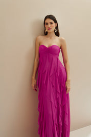 Vestido Longo com Decote Coração Franzido e Babados em Vertical na Saia - Ava Rosa Pink Escuro